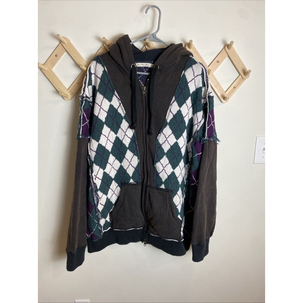 Free People Zip Up Women Hoodie  Argyle Pattern Multi Color Oversized XL